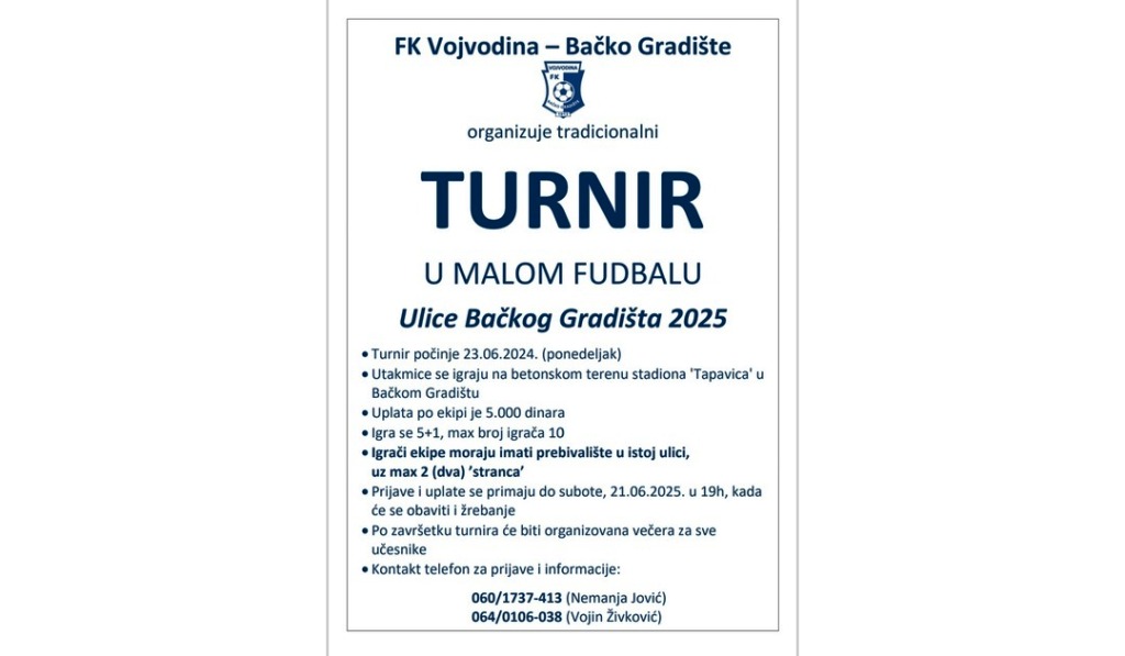 Letnji turnir uličnog fudbala u Bačkom Gradištu počinje 23. juna